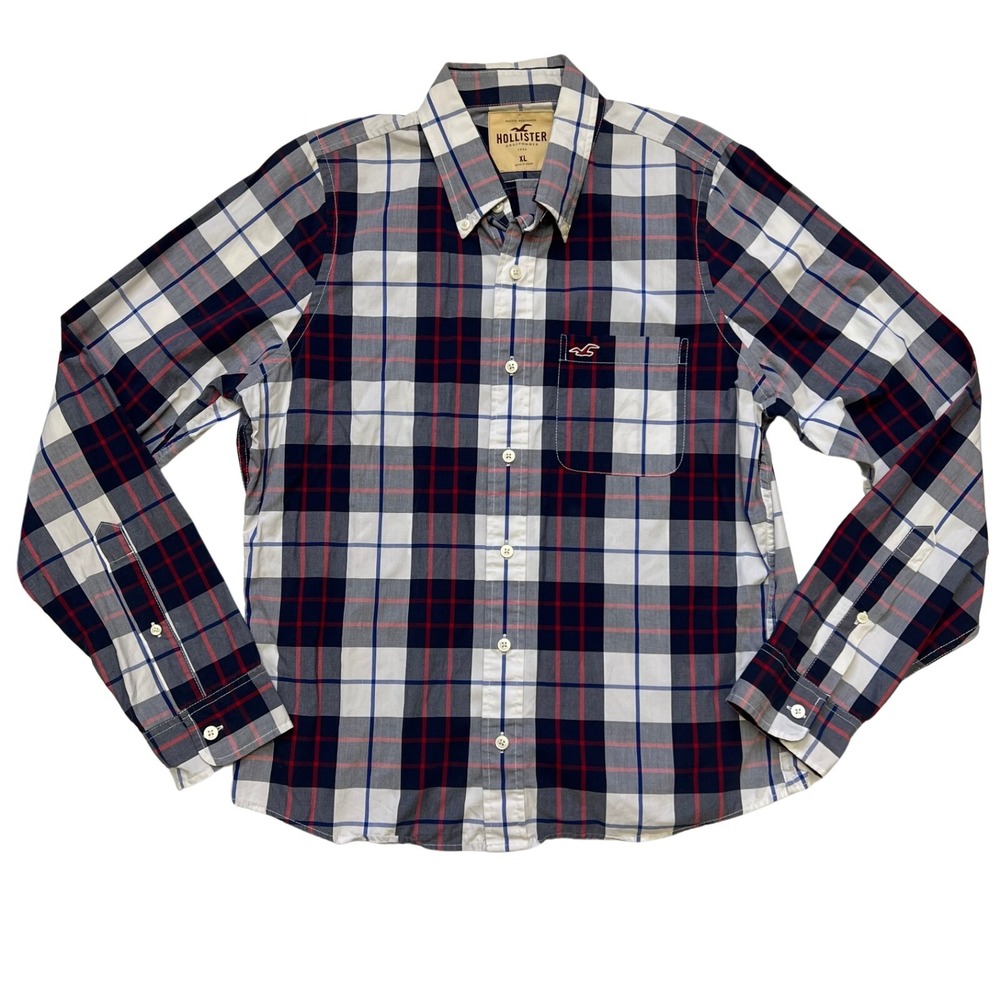 Hollister Mens Plaid Button Up Shirt XL Red Blue White Cotton Casual Long Sleeve